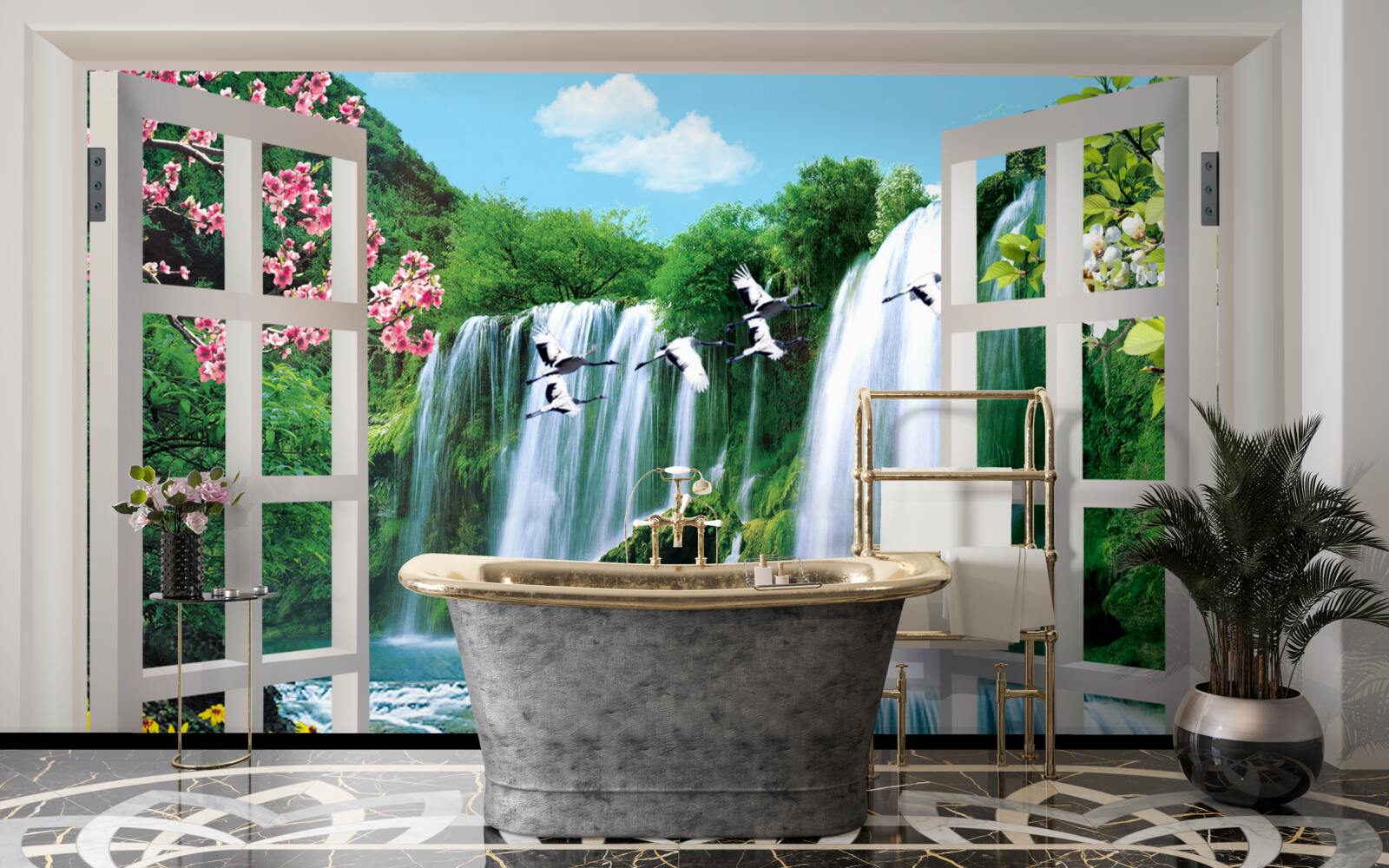 Papier peint vue de la fenêtre sur les cascades bruyantes