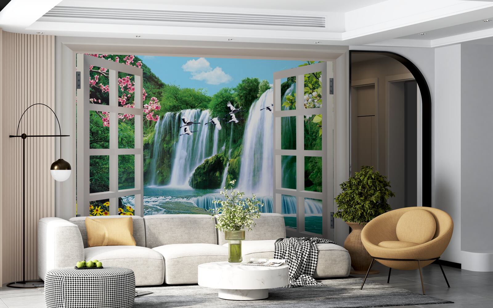 Papier peint vue de la fenêtre sur les cascades bruyantes