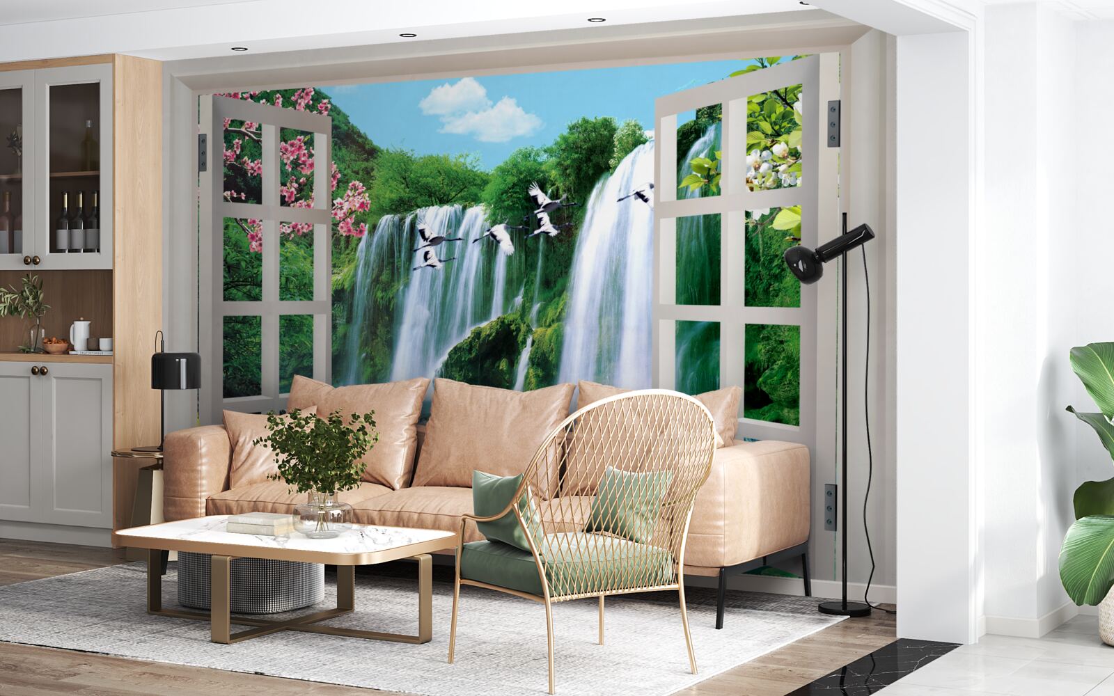 Papier peint vue de la fenêtre sur les cascades bruyantes