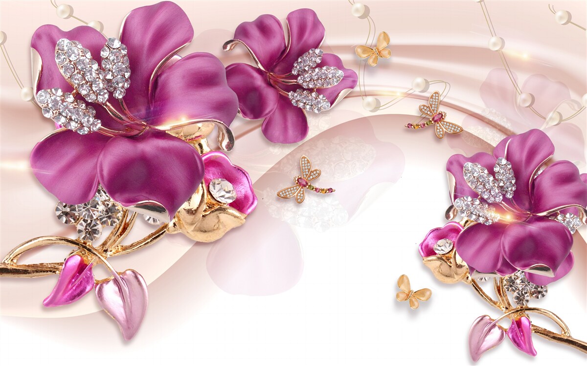 Papier peint pétales de fleurs violettes entourées de perles et d'or