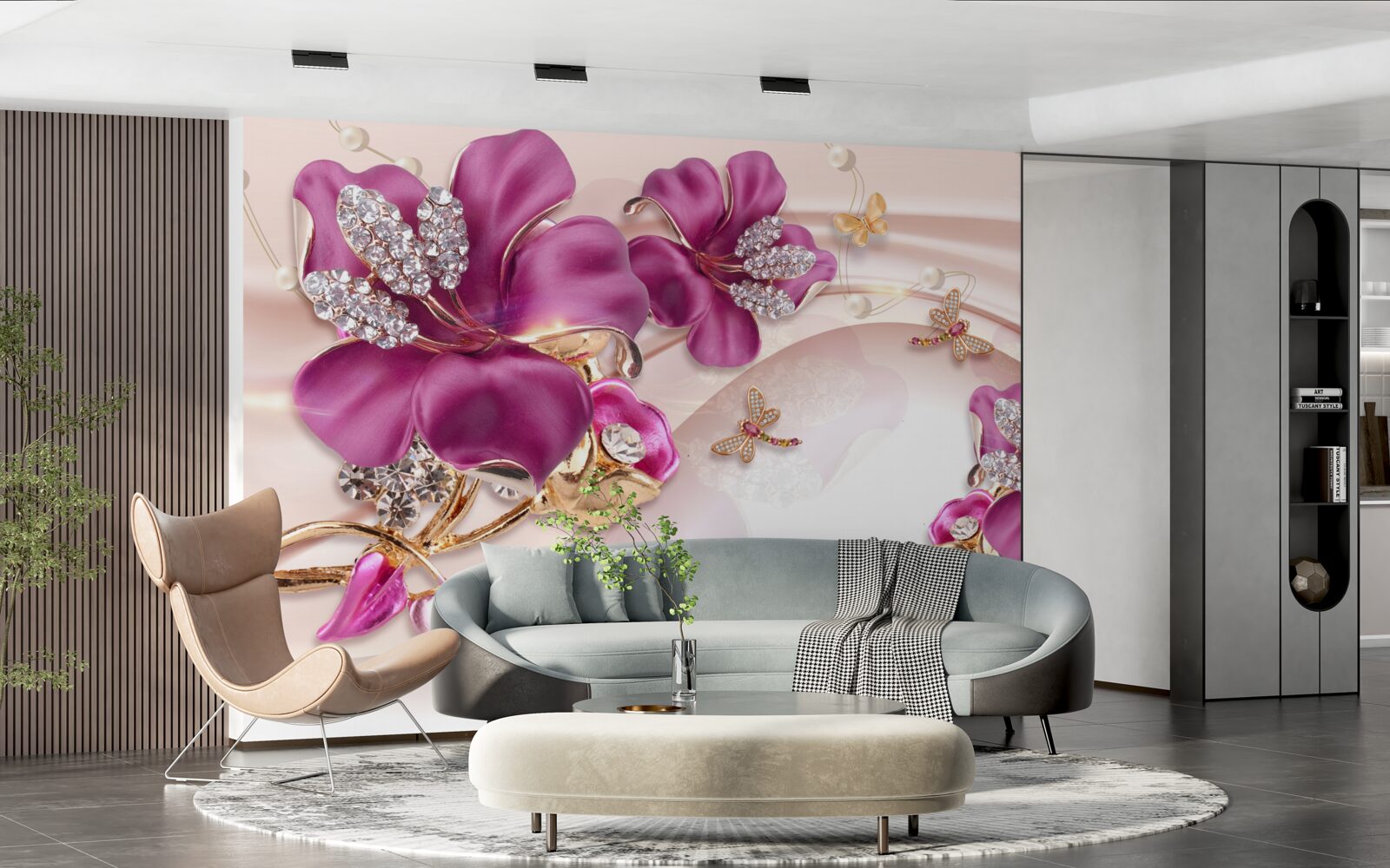 Papier peint pétales de fleurs violettes entourées de perles et d'or