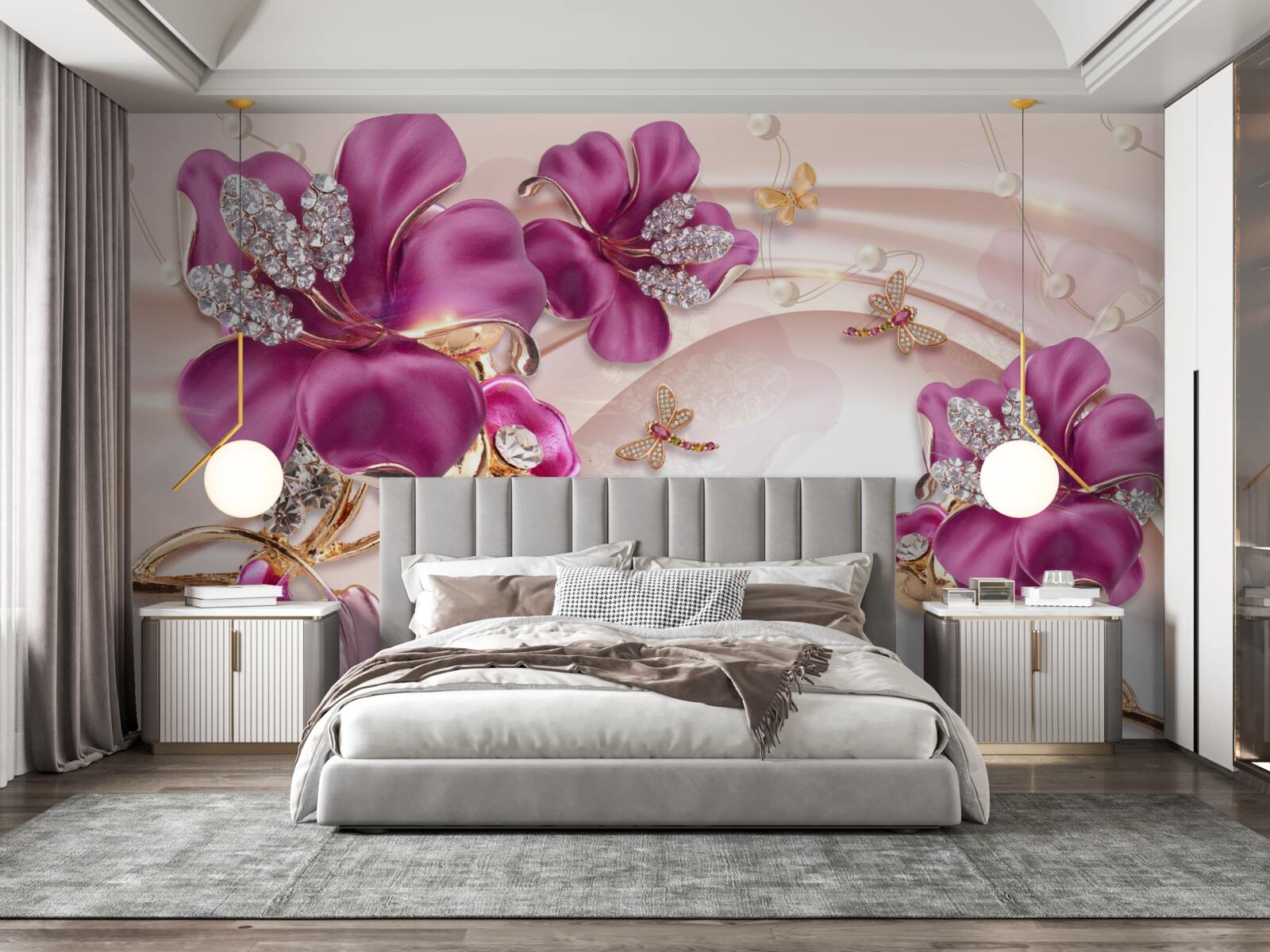 Papier peint pétales de fleurs violettes entourées de perles et d'or