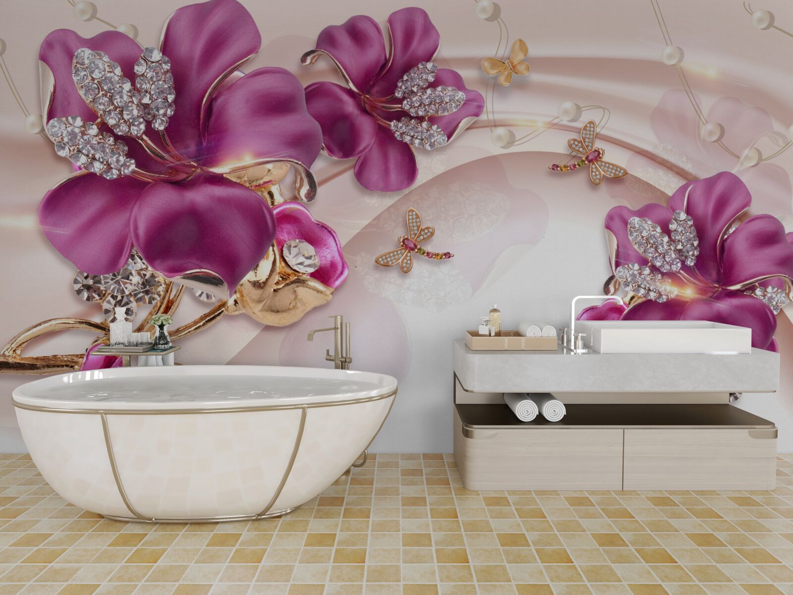 Papier peint pétales de fleurs violettes entourées de perles et d'or