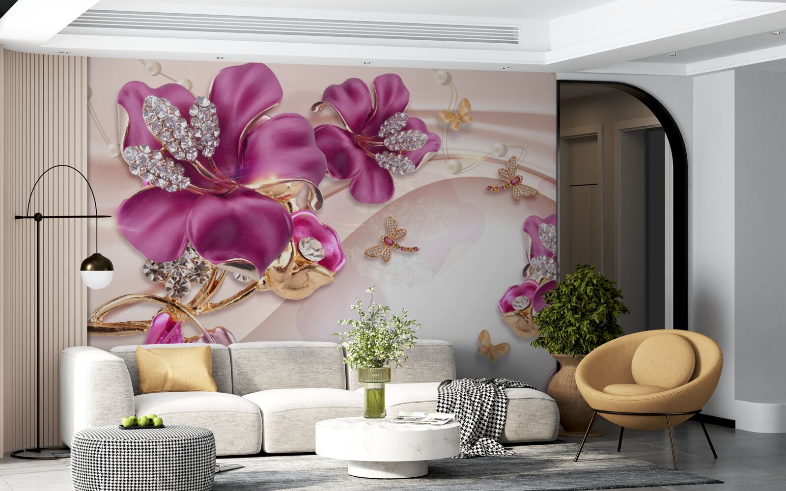 Papier peint pétales de fleurs violettes entourées de perles et d'or