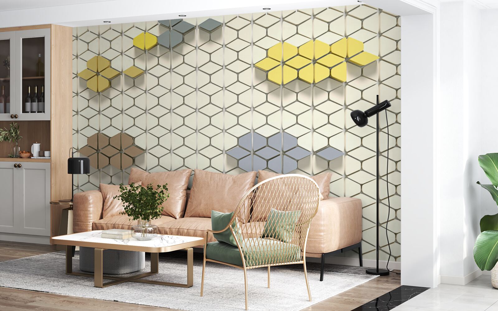 Papier peint carreaux brillants avec éléments multicolores