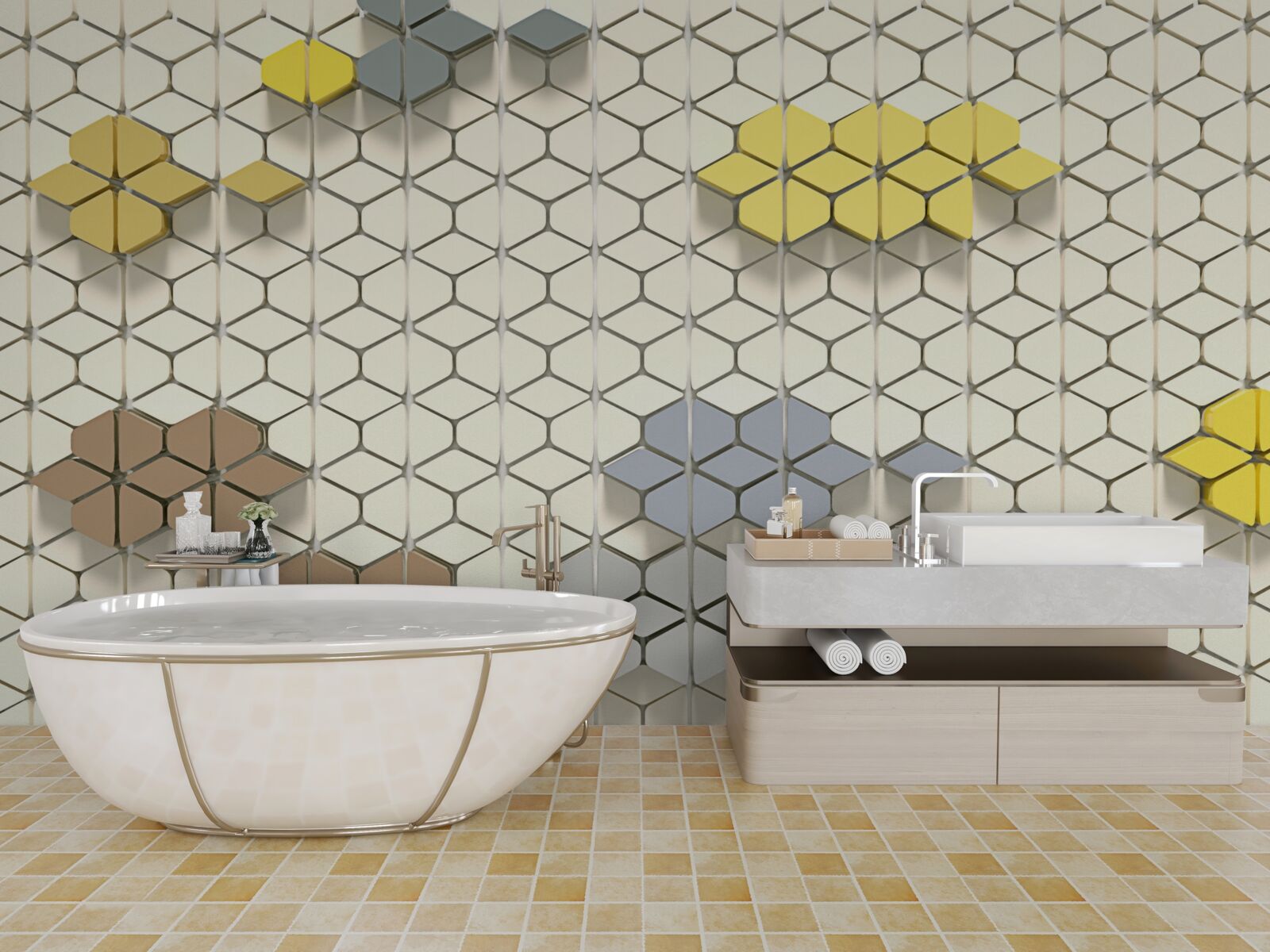 Papier peint carreaux brillants avec éléments multicolores