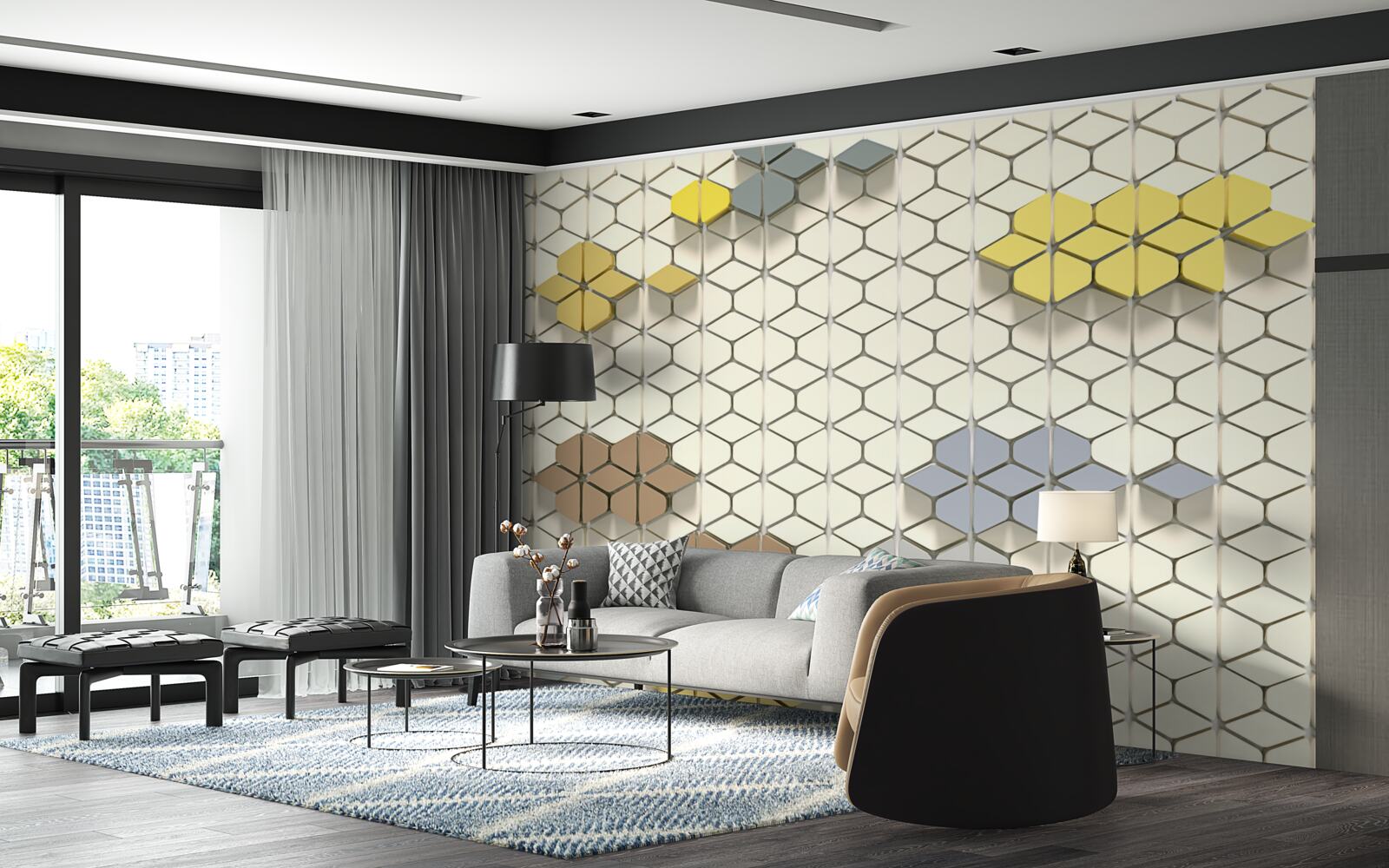 Papier peint carreaux brillants avec éléments multicolores