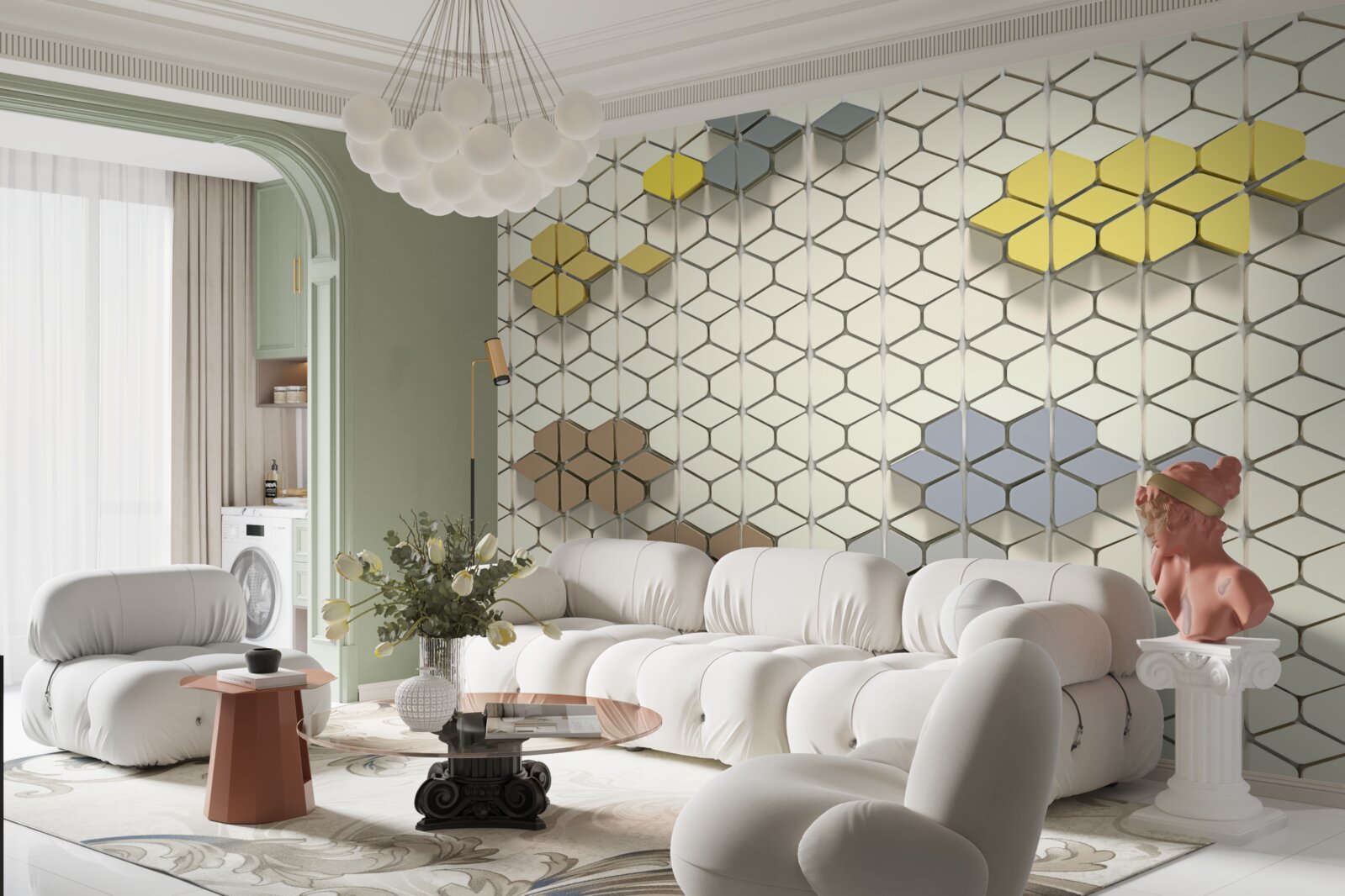 Papier peint carreaux brillants avec éléments multicolores