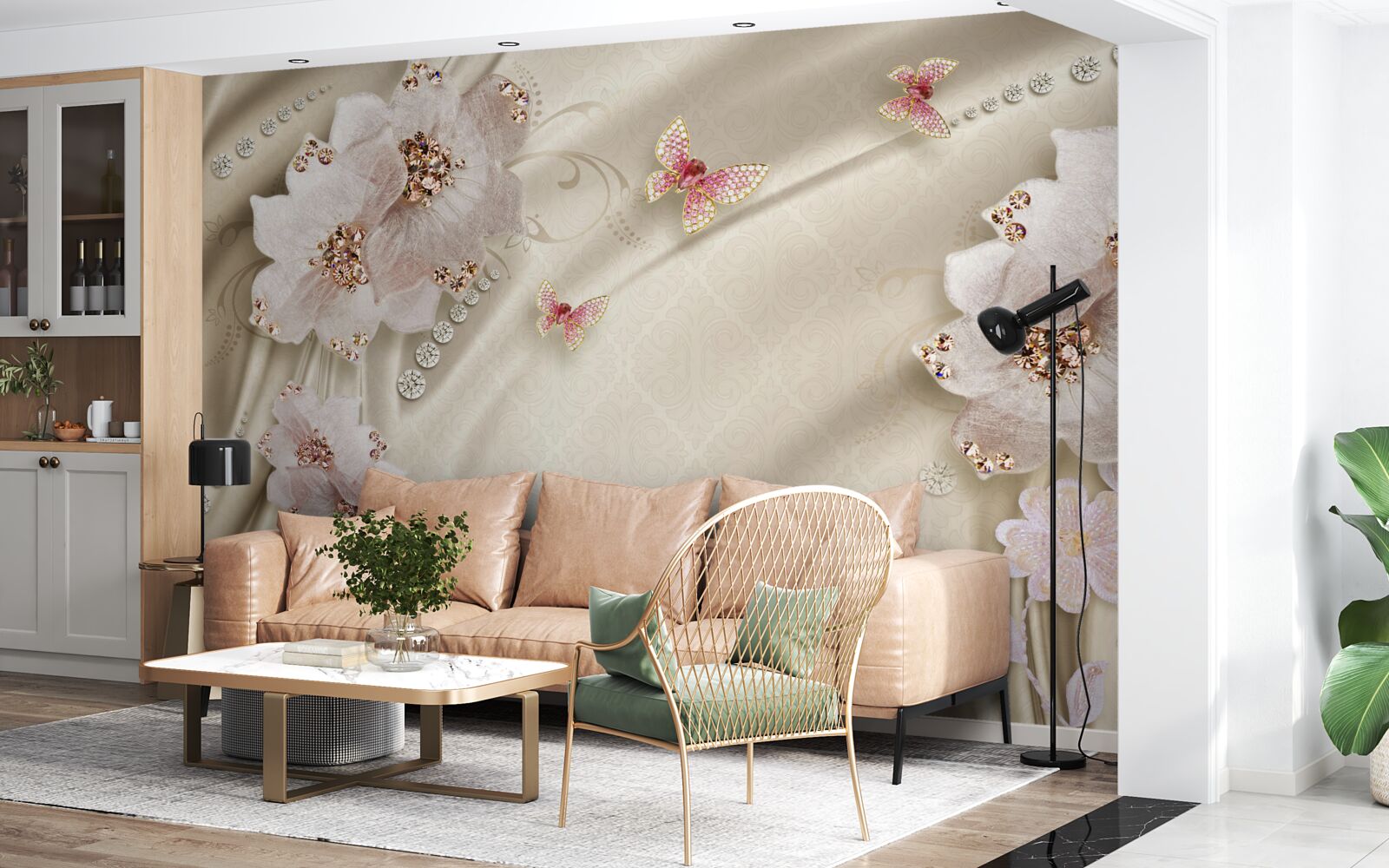 Papier peint la soie est délicatement décorée de papillons et de fleurs blanches.