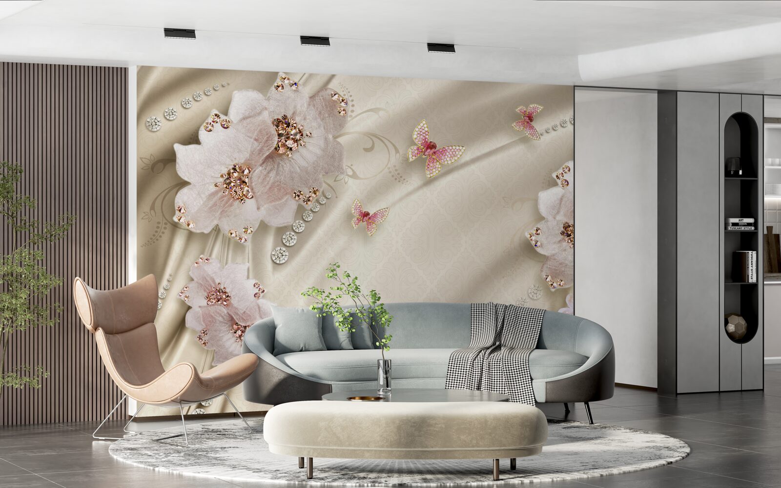 Papier peint la soie est délicatement décorée de papillons et de fleurs blanches.