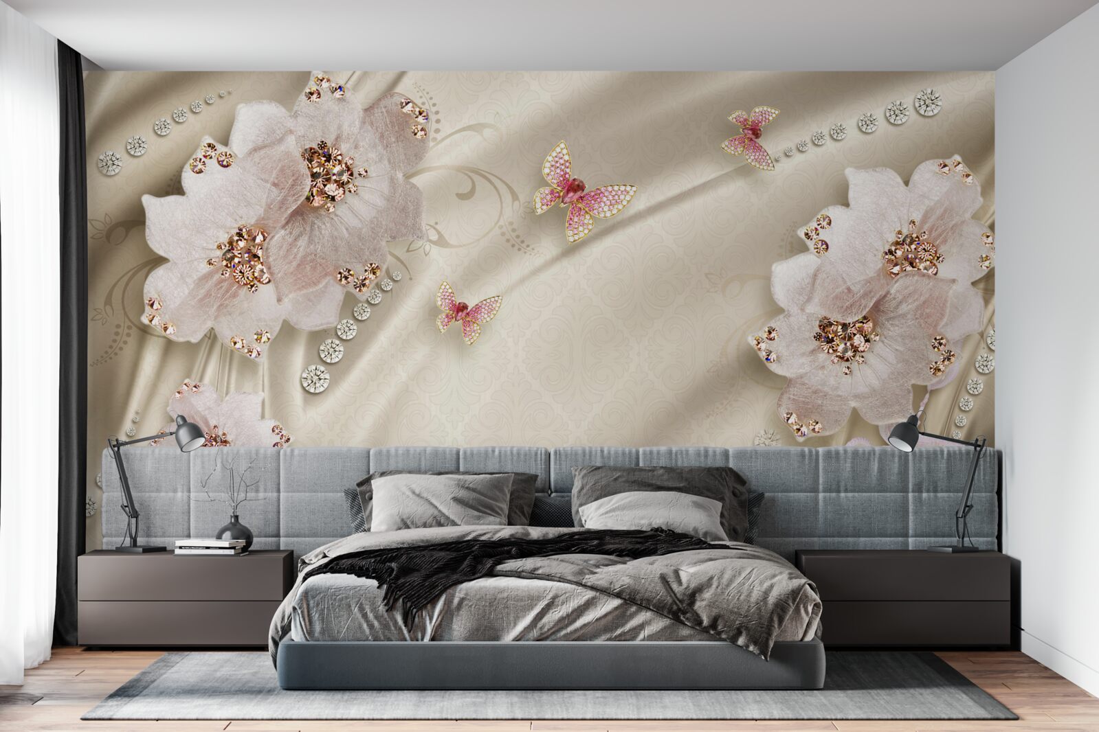 Papier peint la soie est délicatement décorée de papillons et de fleurs blanches.