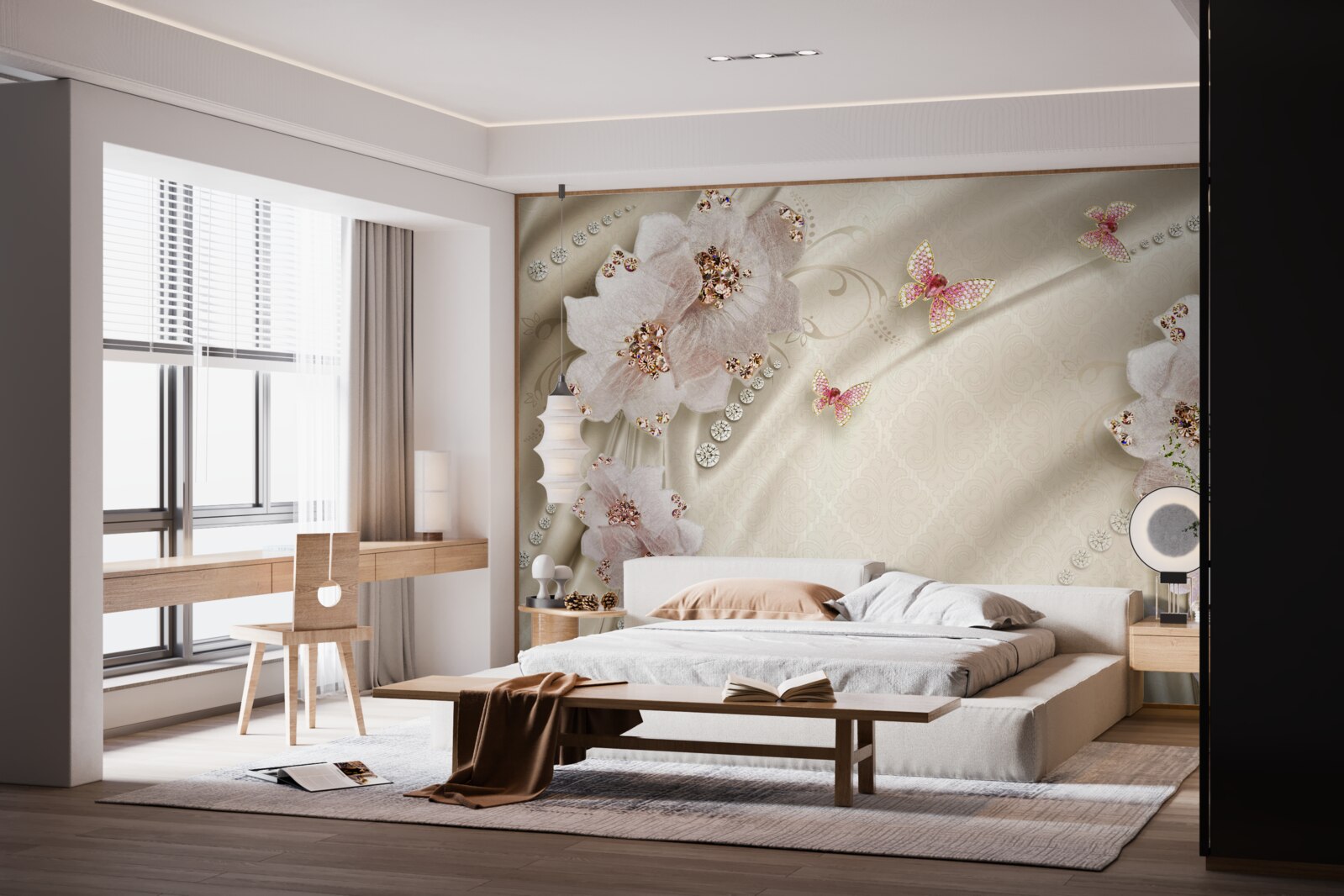 Papier peint la soie est délicatement décorée de papillons et de fleurs blanches.