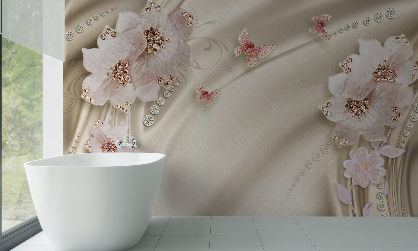 Papier peint la soie est délicatement décorée de papillons et de fleurs blanches.