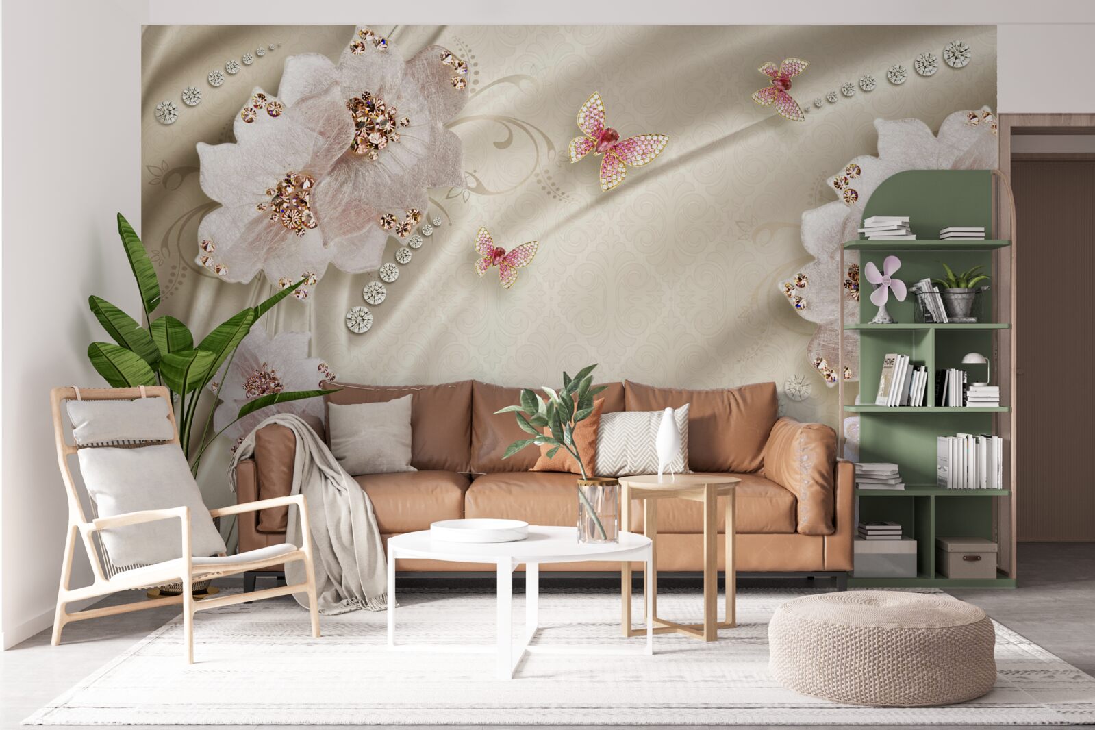 Papier peint la soie est délicatement décorée de papillons et de fleurs blanches.