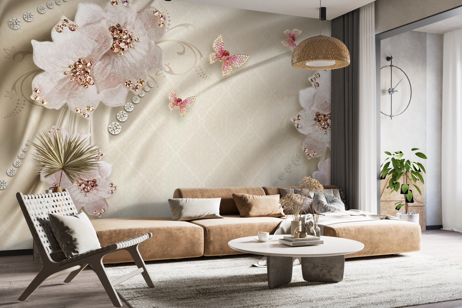 Papier peint la soie est délicatement décorée de papillons et de fleurs blanches.