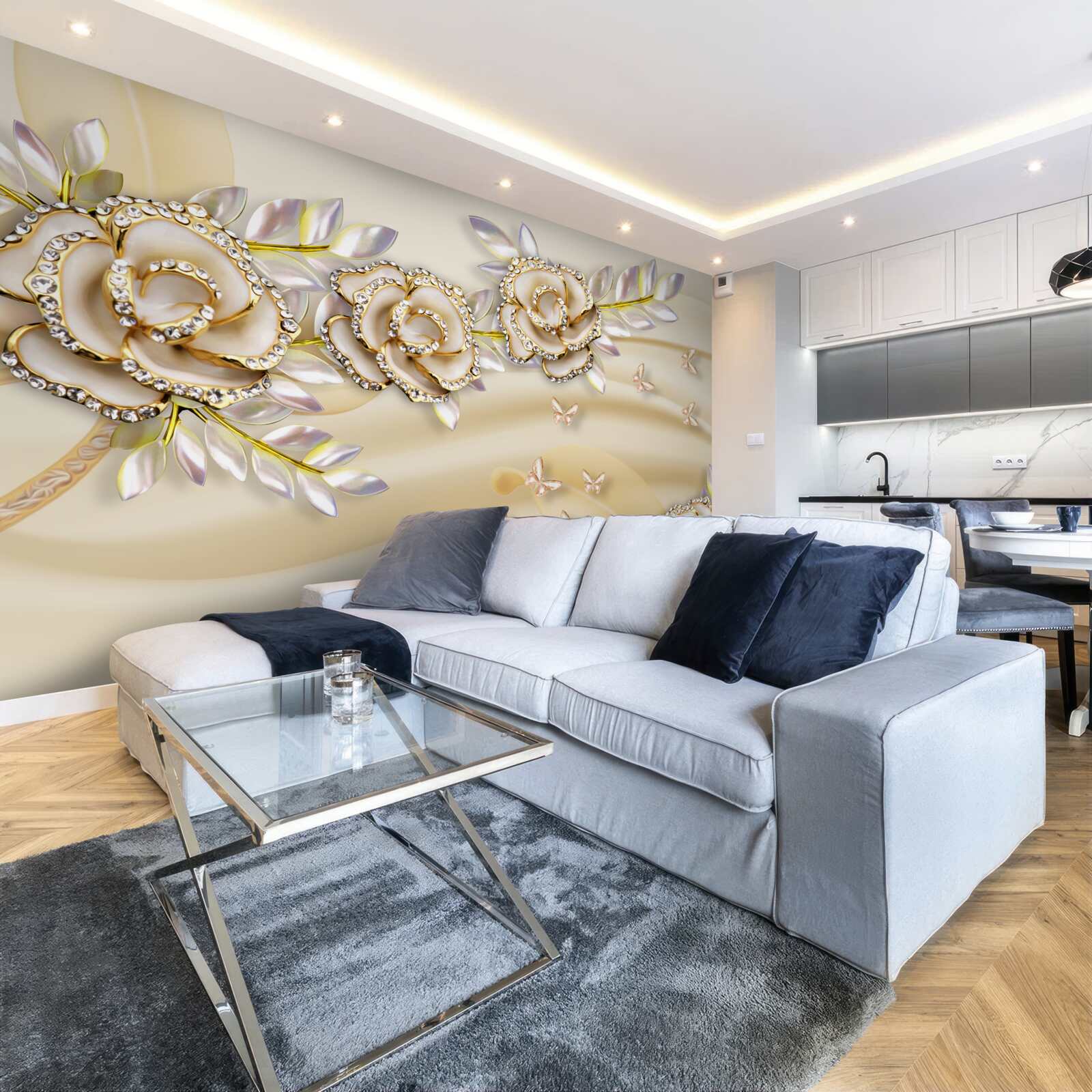 Papier peint branche de fleur d'or