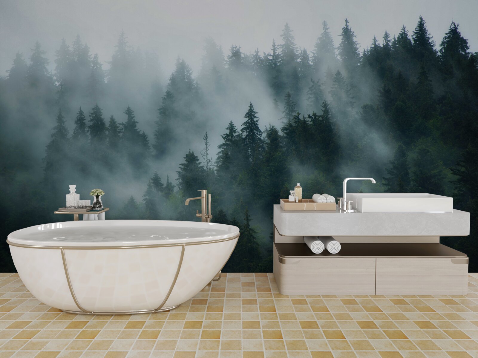 Papier peint le brouillard se cache dans les pins