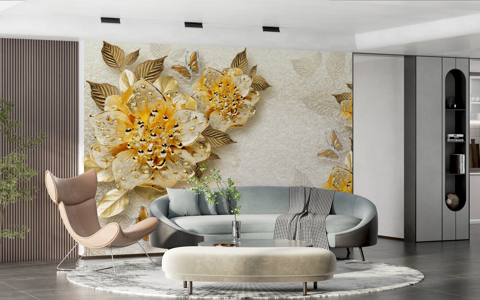 Papier peint fleurs en or en 3d