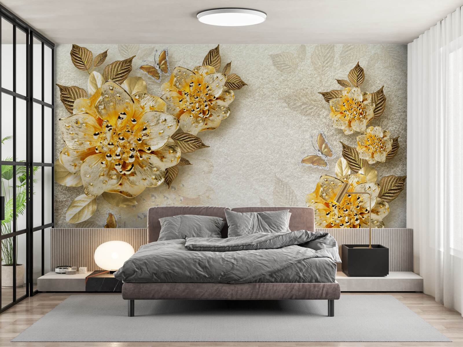 Papier peint fleurs en or en 3d