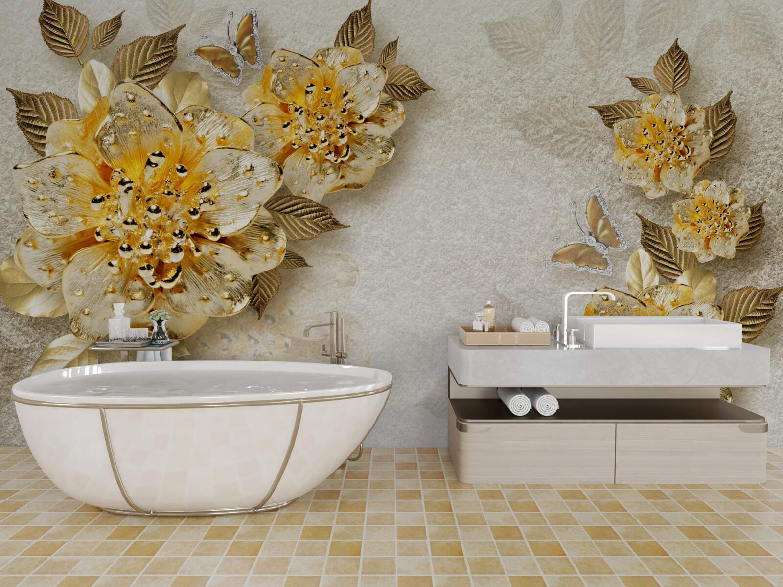 Papier peint fleurs en or en 3d