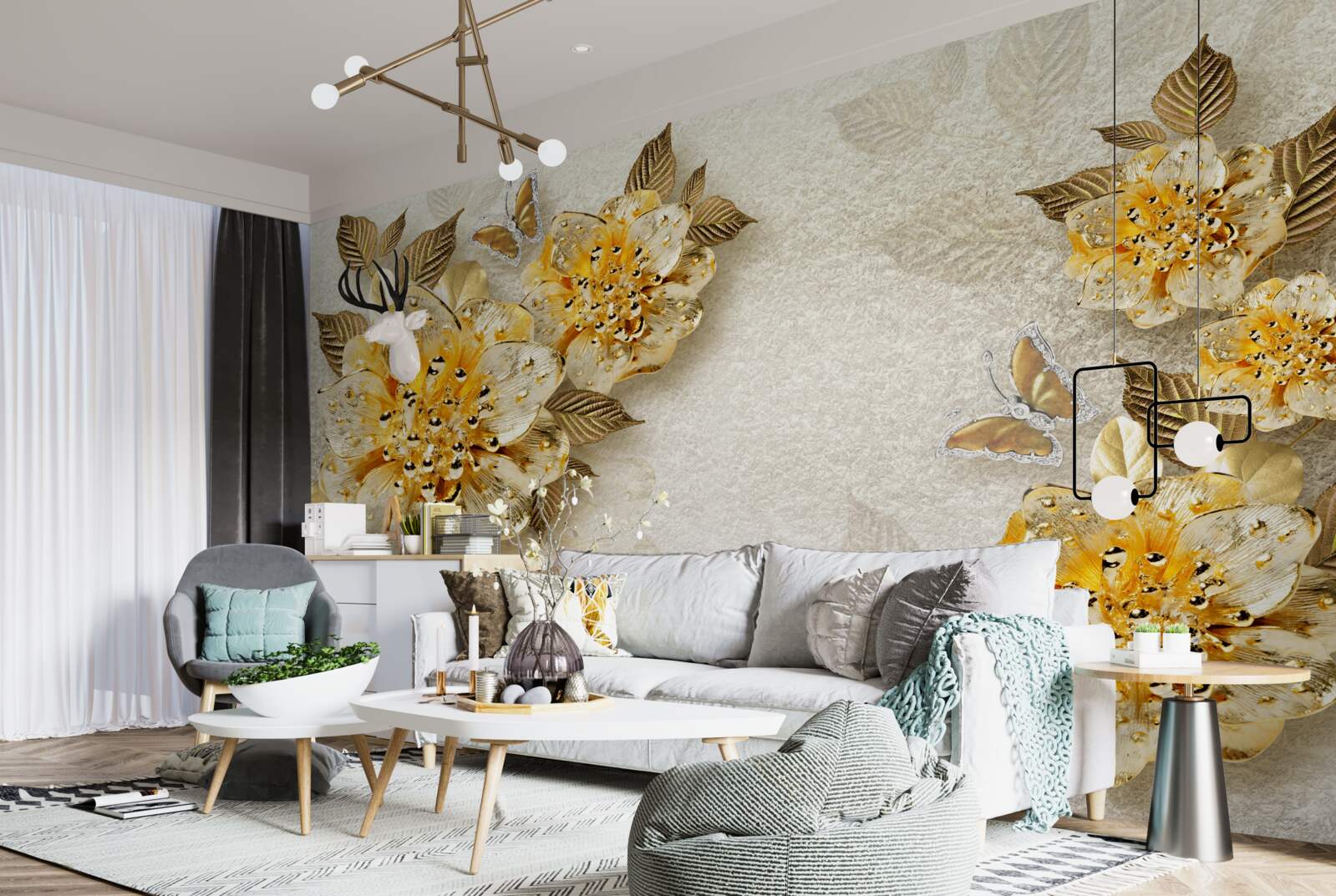 Papier peint fleurs en or en 3d