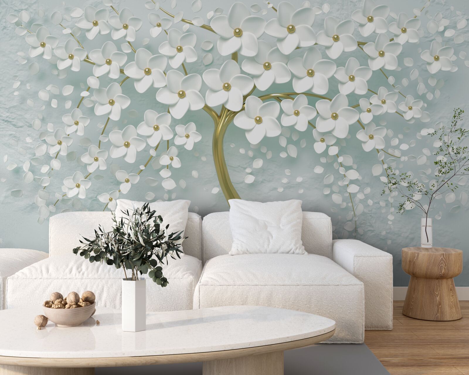 Papier peint fleur avec des vêtements blancs sur une branche d'arbre