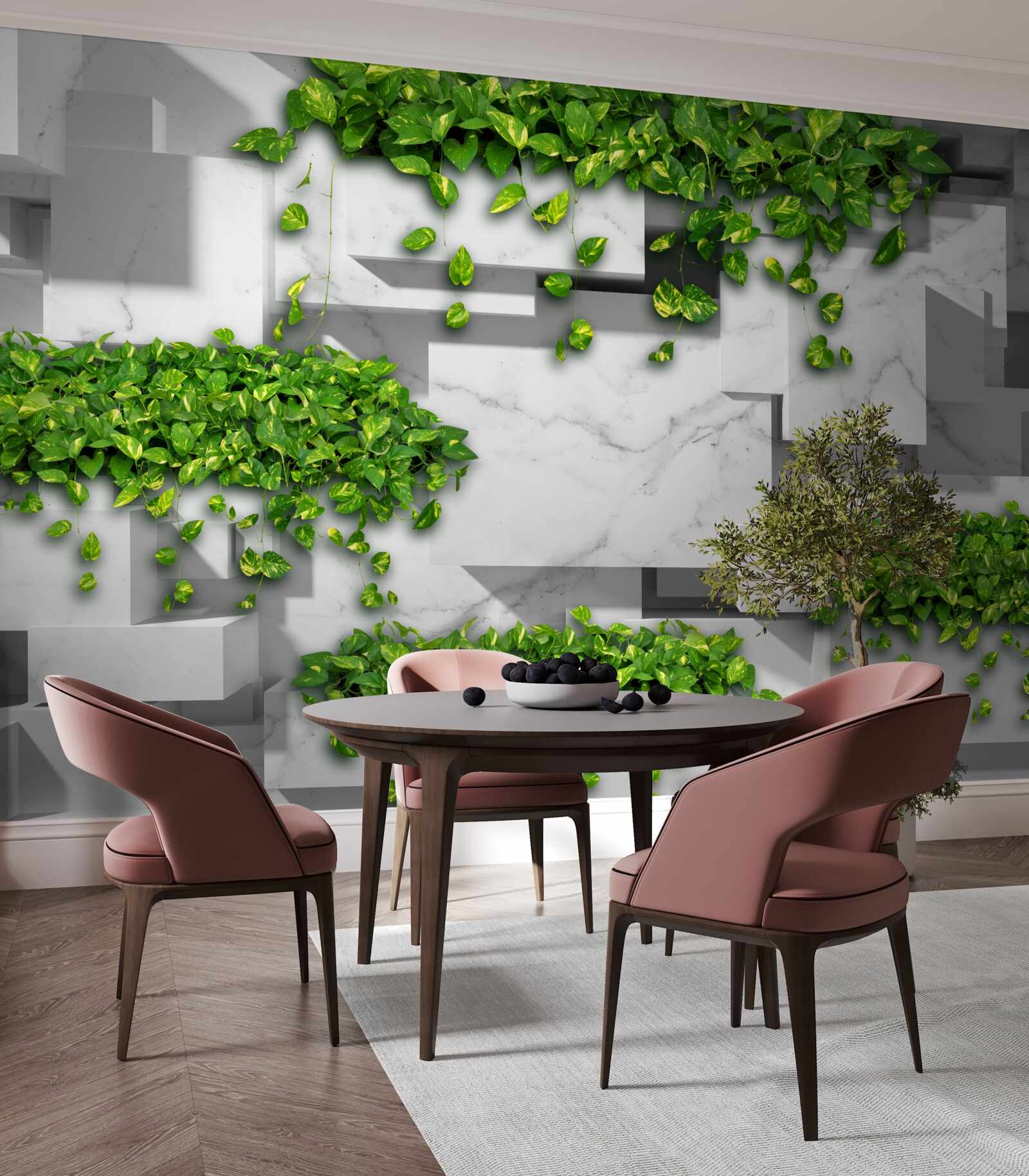 Papier peint pot avec fleurs, mur vert et plantes