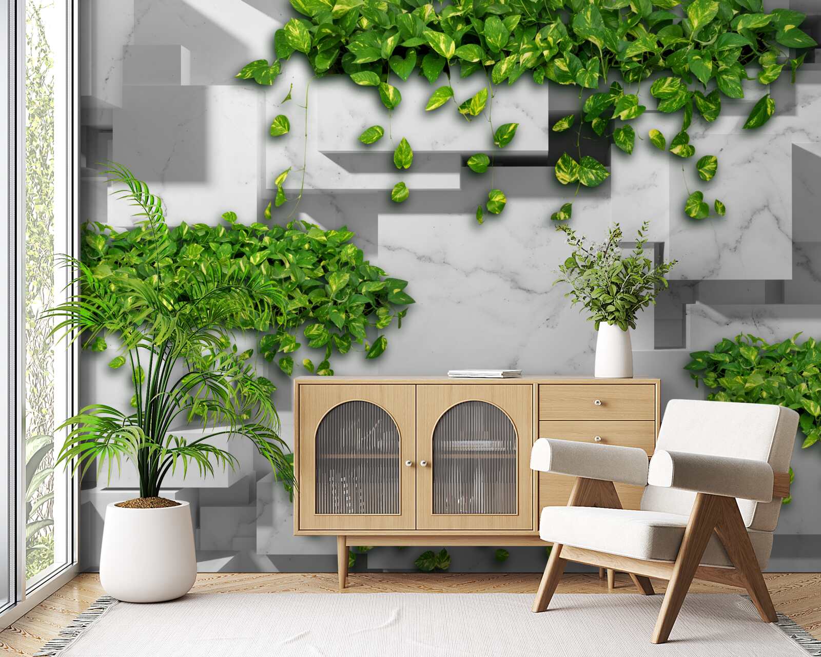 Papier peint pot avec fleurs, mur vert et plantes