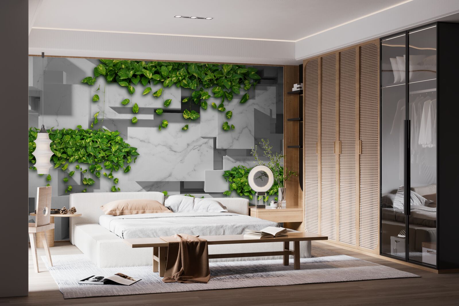 Papier peint pot avec fleurs, mur vert et plantes