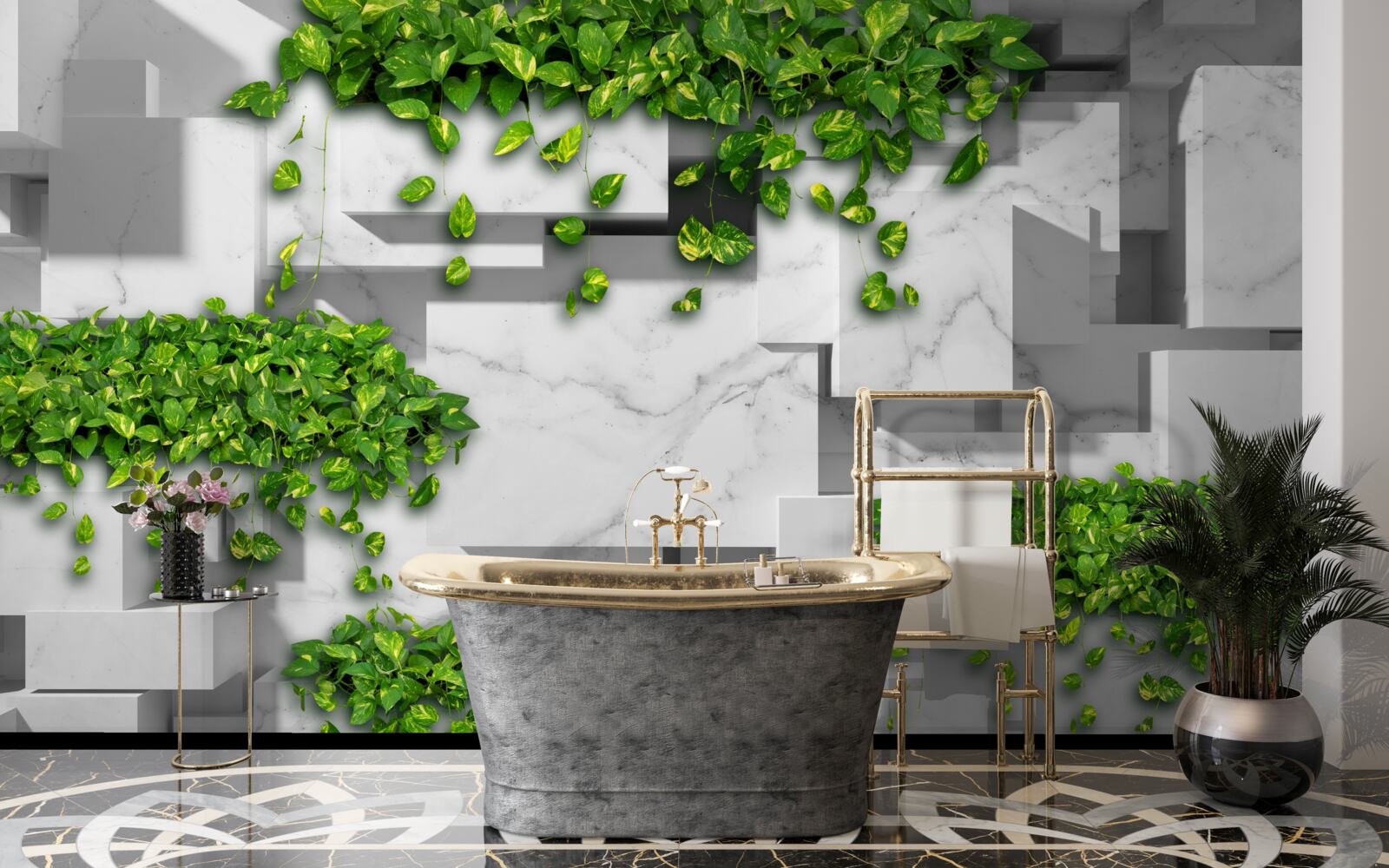 Papier peint pot avec fleurs, mur vert et plantes