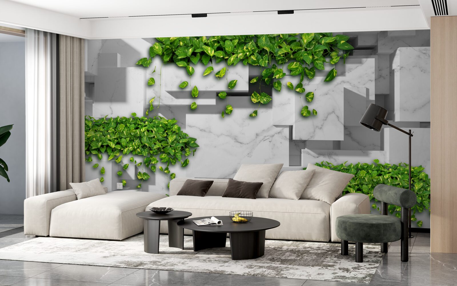 Papier peint pot avec fleurs, mur vert et plantes