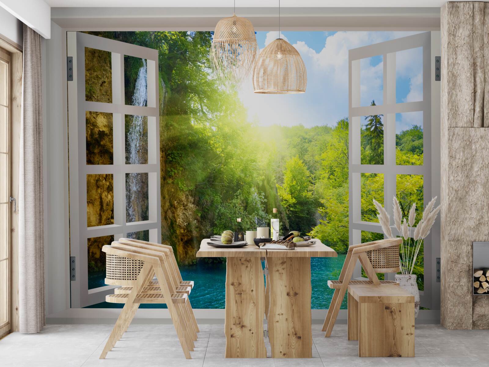 Papier peint un paysage naturel visible à l'extérieur de la fenêtre et un courant d'air pénétrant