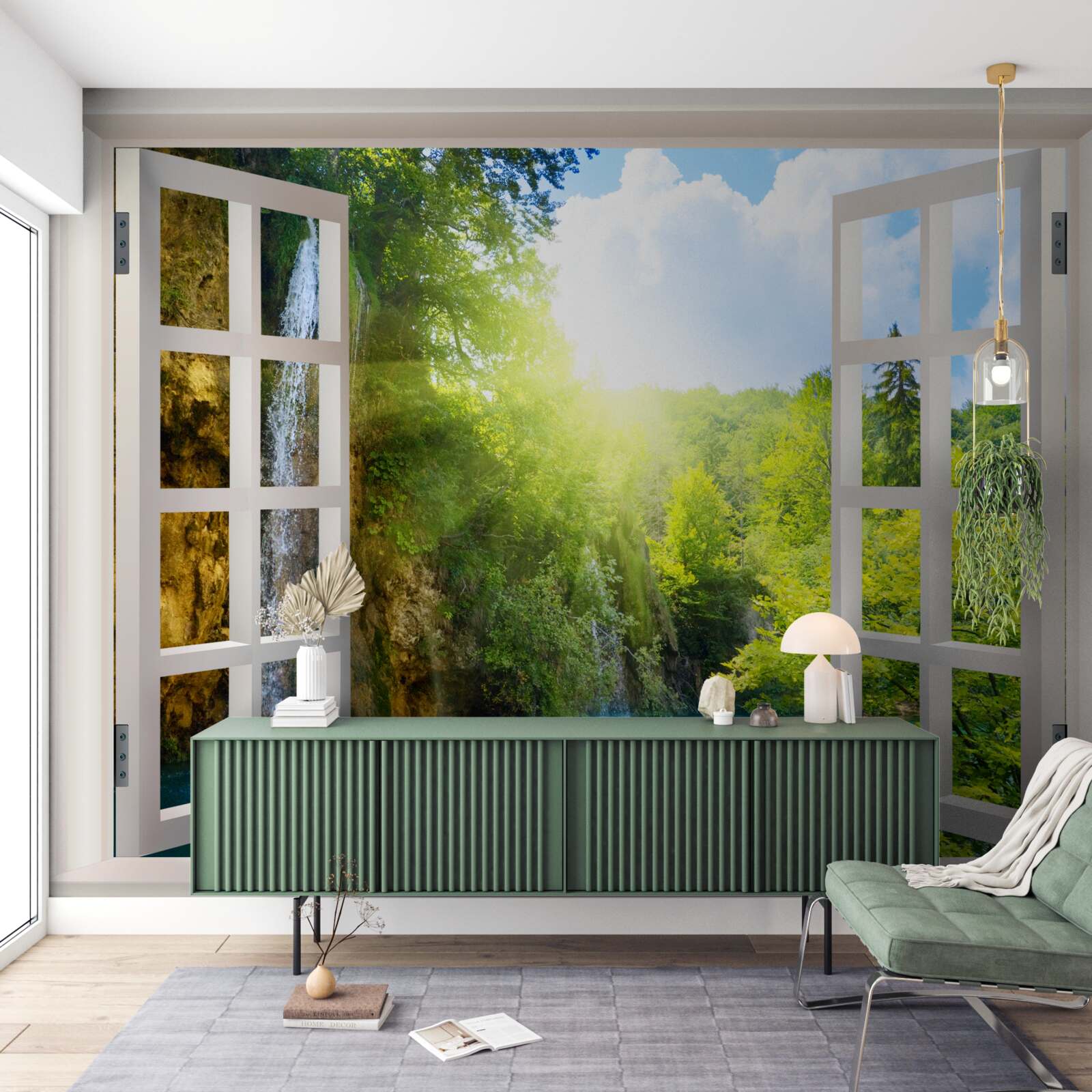 Papier peint un paysage naturel visible à l'extérieur de la fenêtre et un courant d'air pénétrant