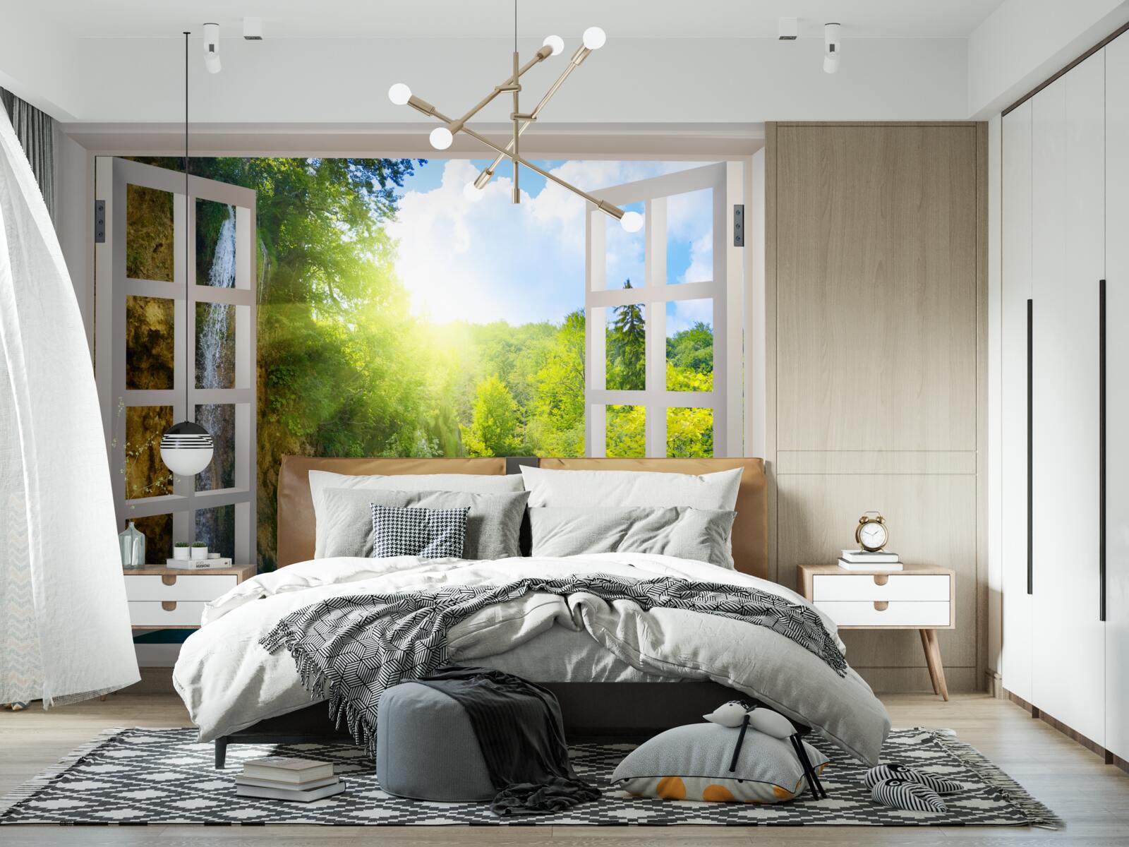 Papier peint un paysage naturel visible à l'extérieur de la fenêtre et un courant d'air pénétrant