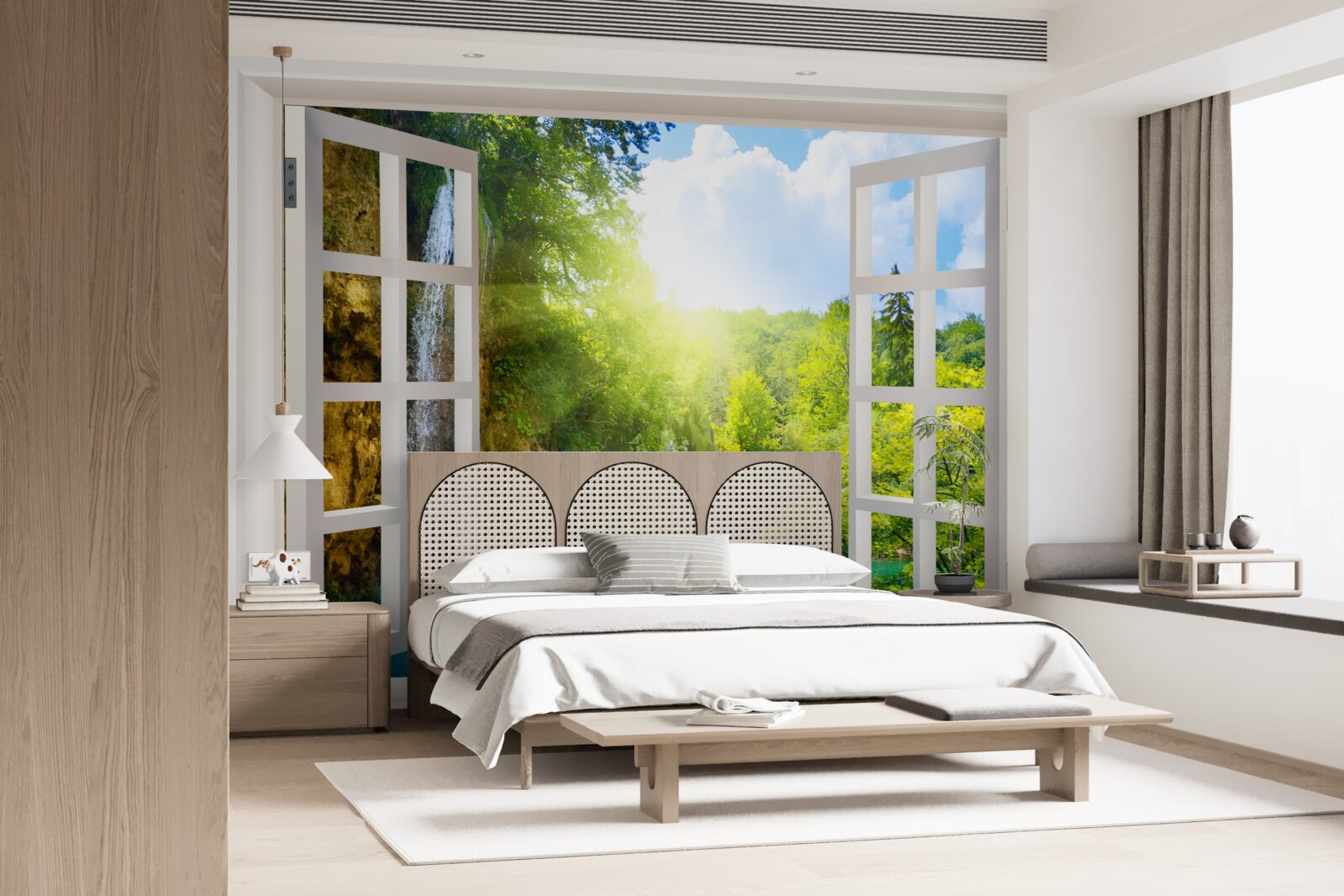 Papier peint un paysage naturel visible à l'extérieur de la fenêtre et un courant d'air pénétrant