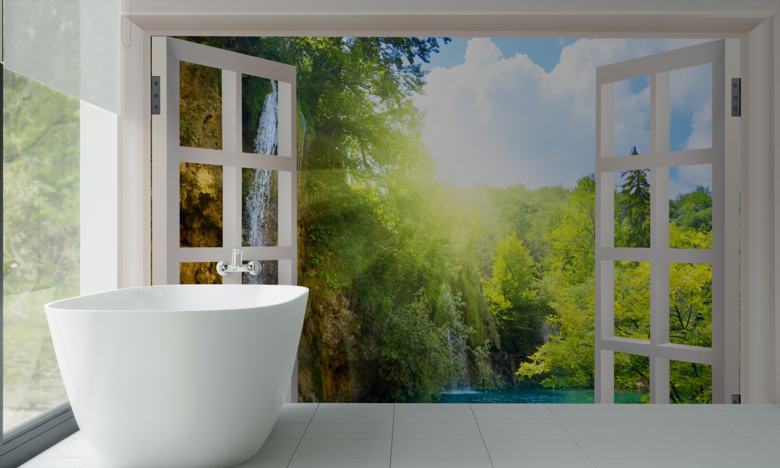 Papier peint un paysage naturel visible à l'extérieur de la fenêtre et un courant d'air pénétrant