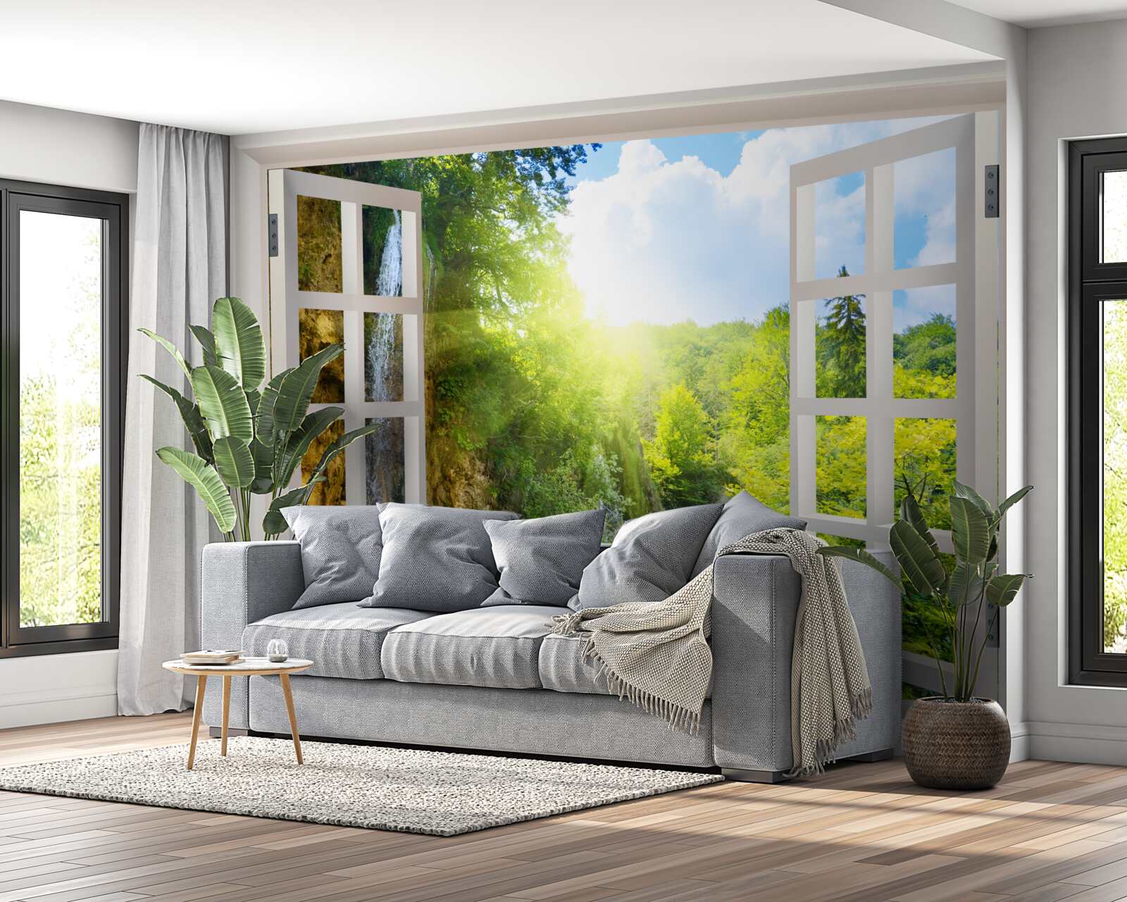 Papier peint un paysage naturel visible à l'extérieur de la fenêtre et un courant d'air pénétrant