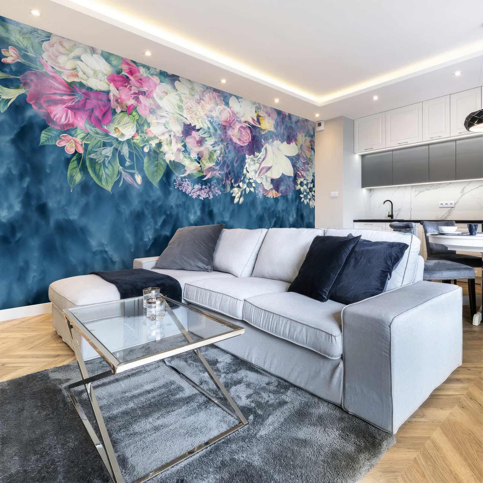 Papier peint Mur, canapé et abat-jour bleu