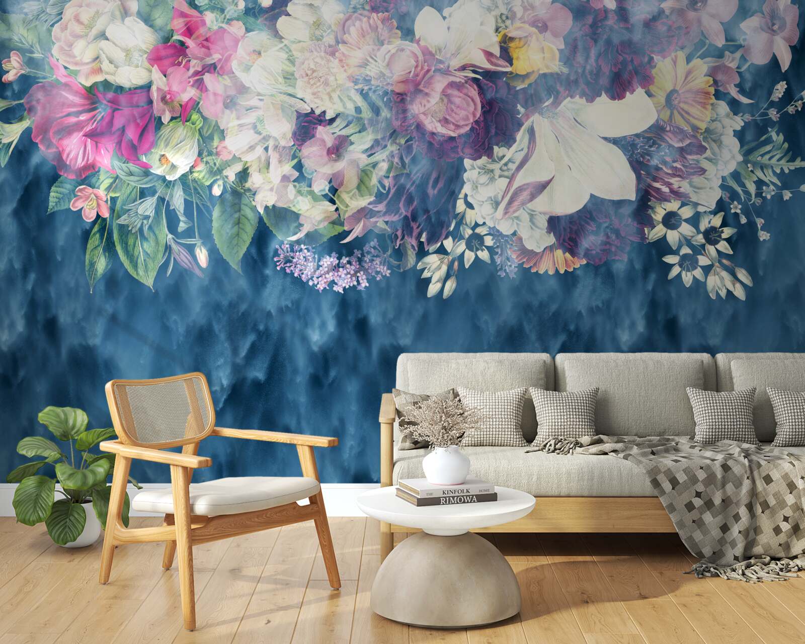 Papier peint Mur, canapé et abat-jour bleu