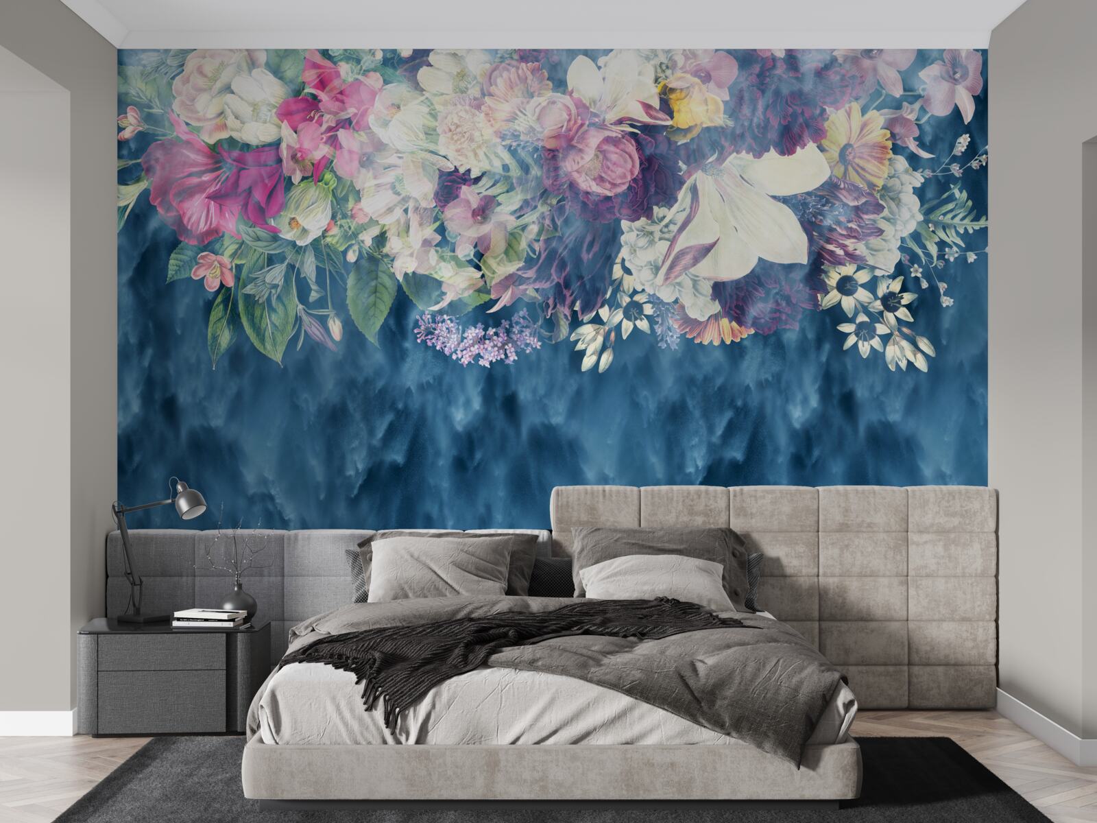 Papier peint Mur, canapé et abat-jour bleu