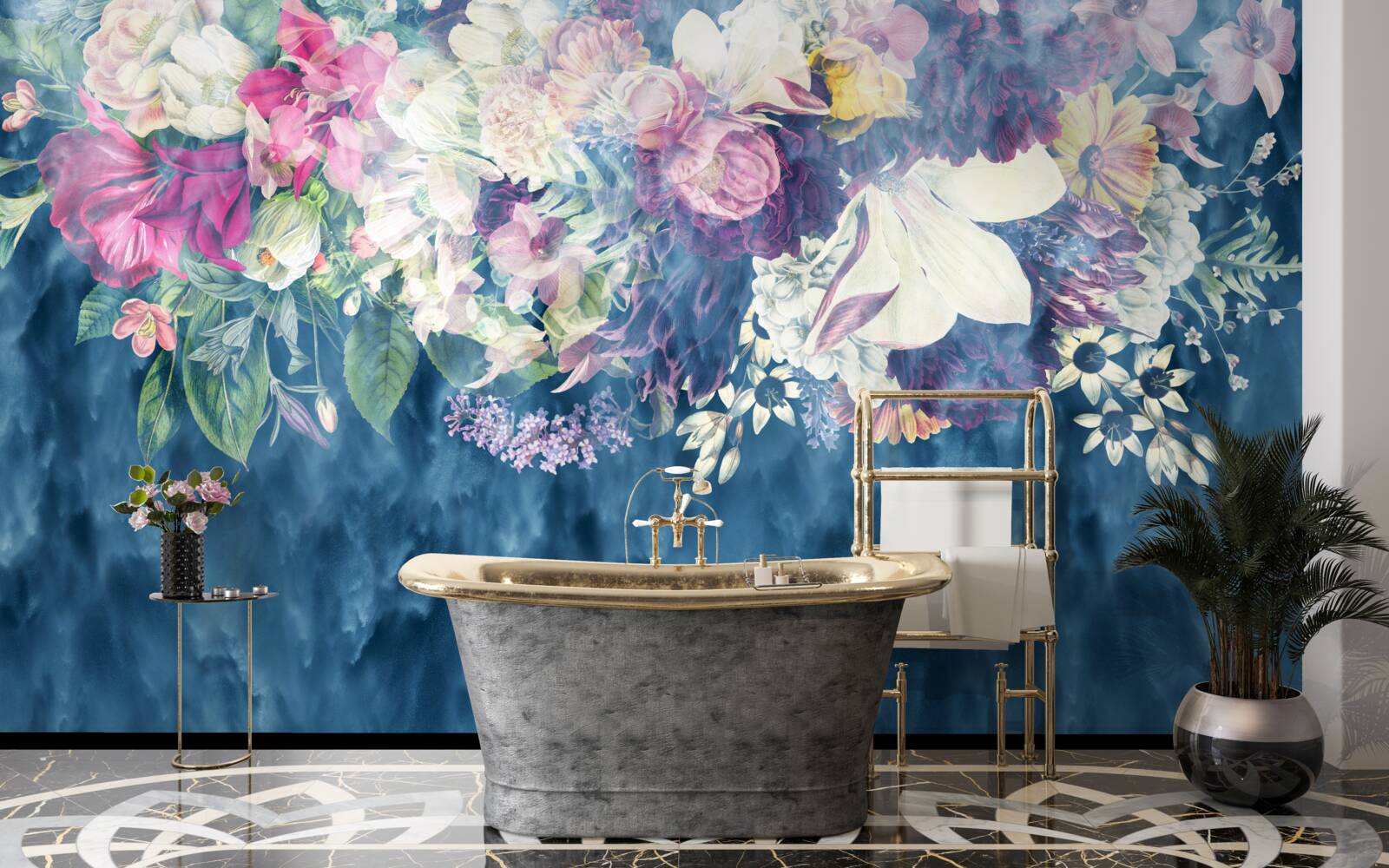 Papier peint Mur, canapé et abat-jour bleu