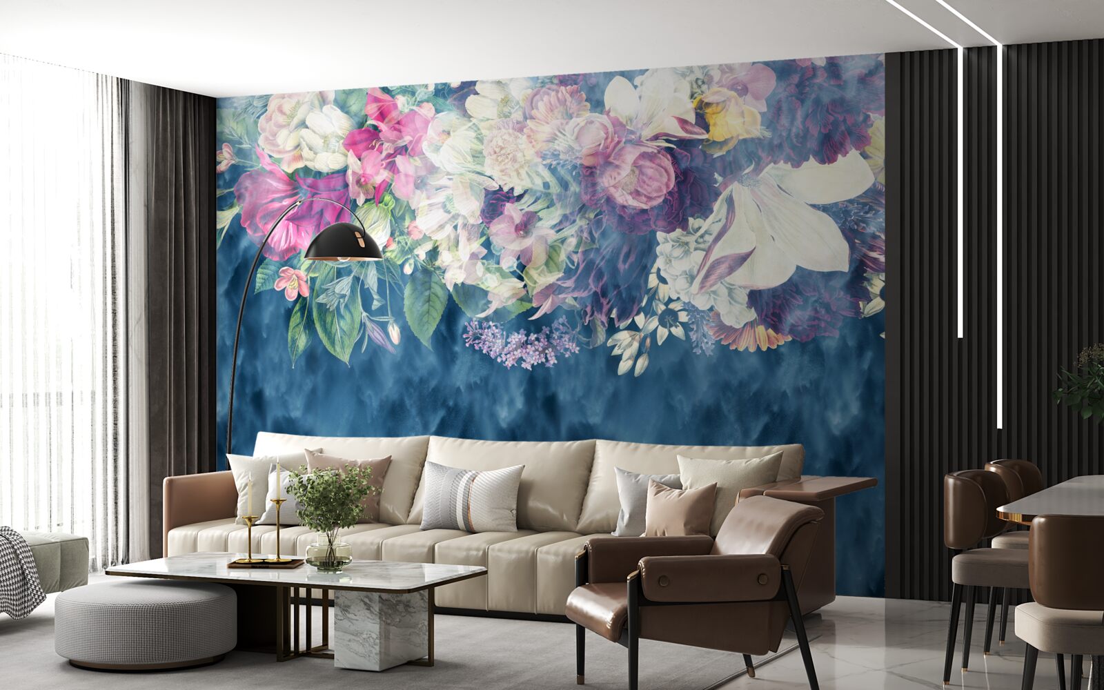 Papier peint Mur, canapé et abat-jour bleu