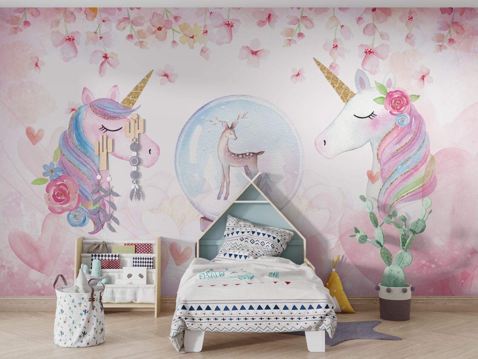 Papier peint dans la chambre des enfants, il y a des licornes