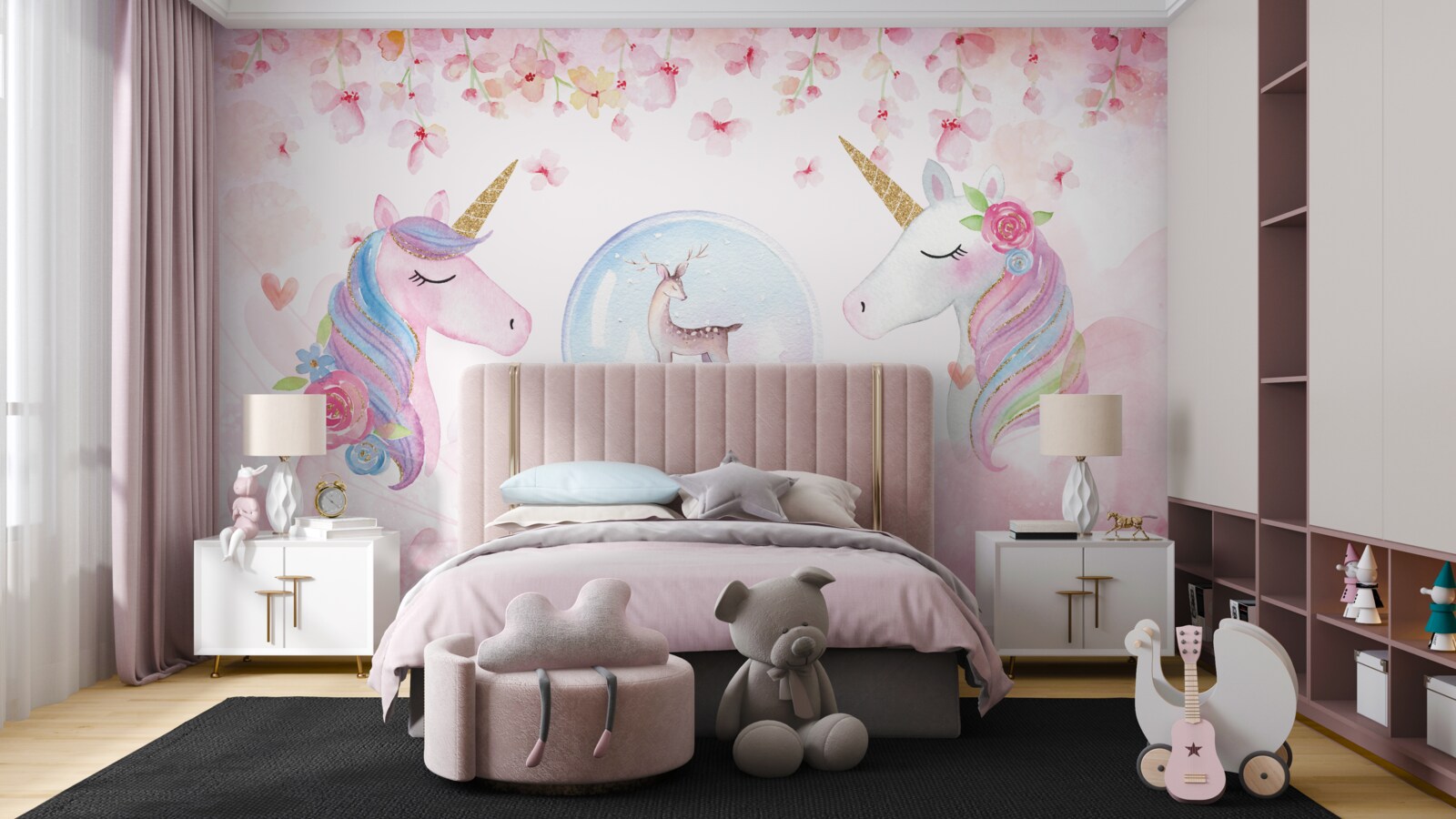 Papier peint dans la chambre des enfants, il y a des licornes