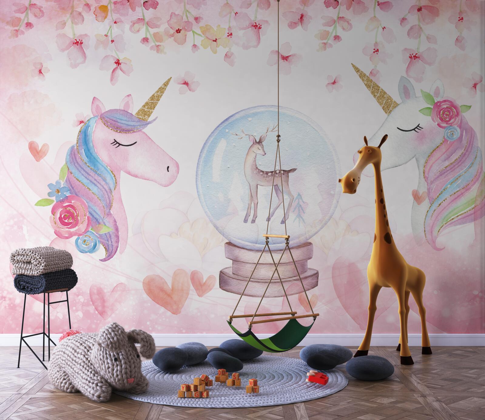 Papier peint dans la chambre des enfants, il y a des licornes