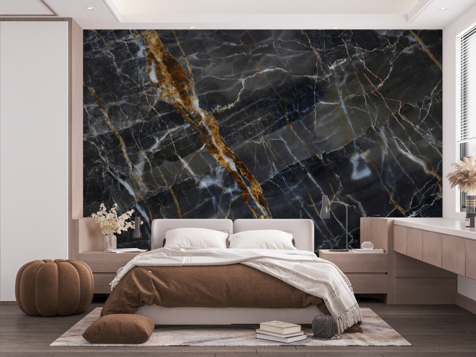 Papier peint marbre peint en noir et or