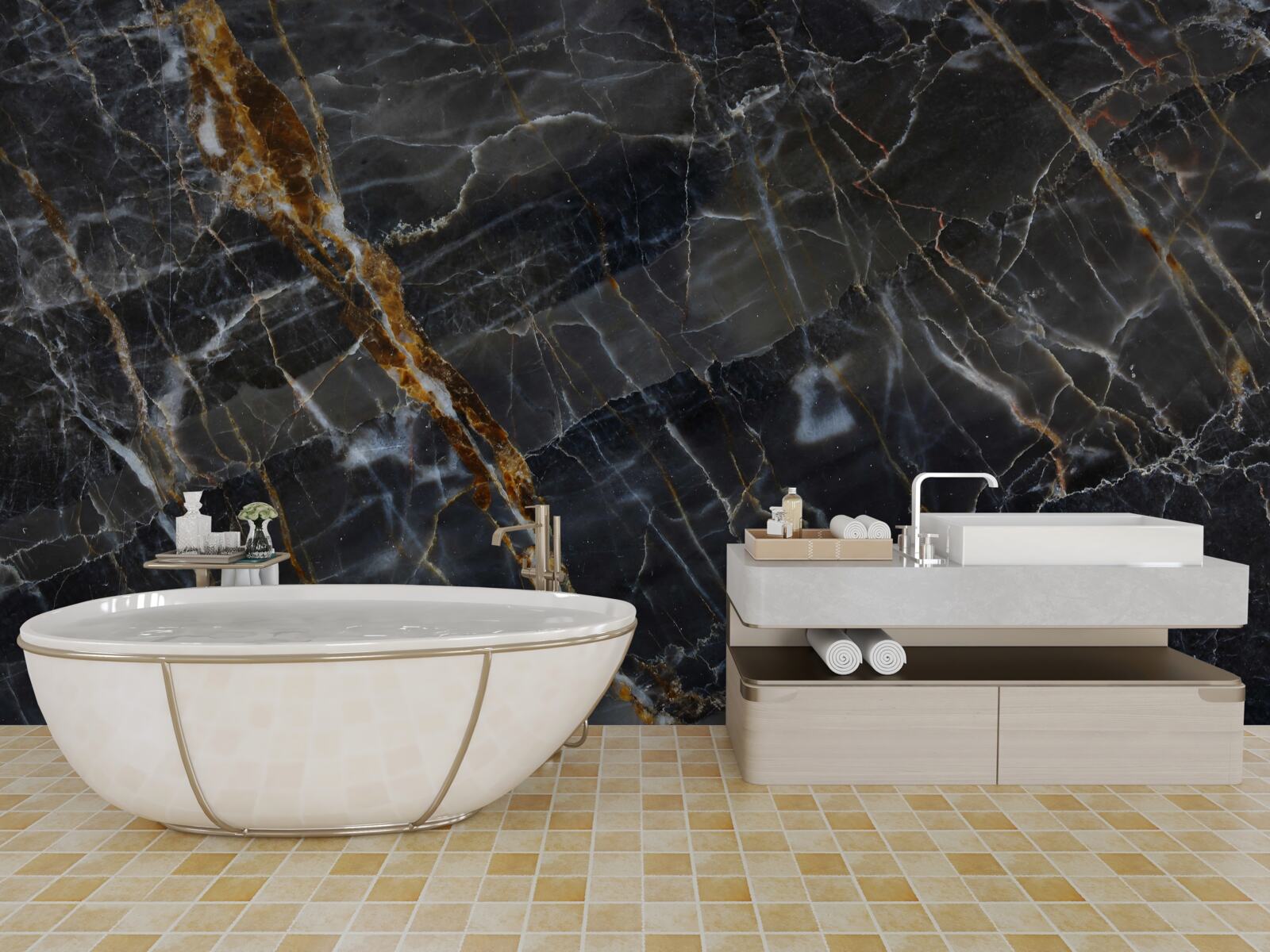 Papier peint marbre peint en noir et or