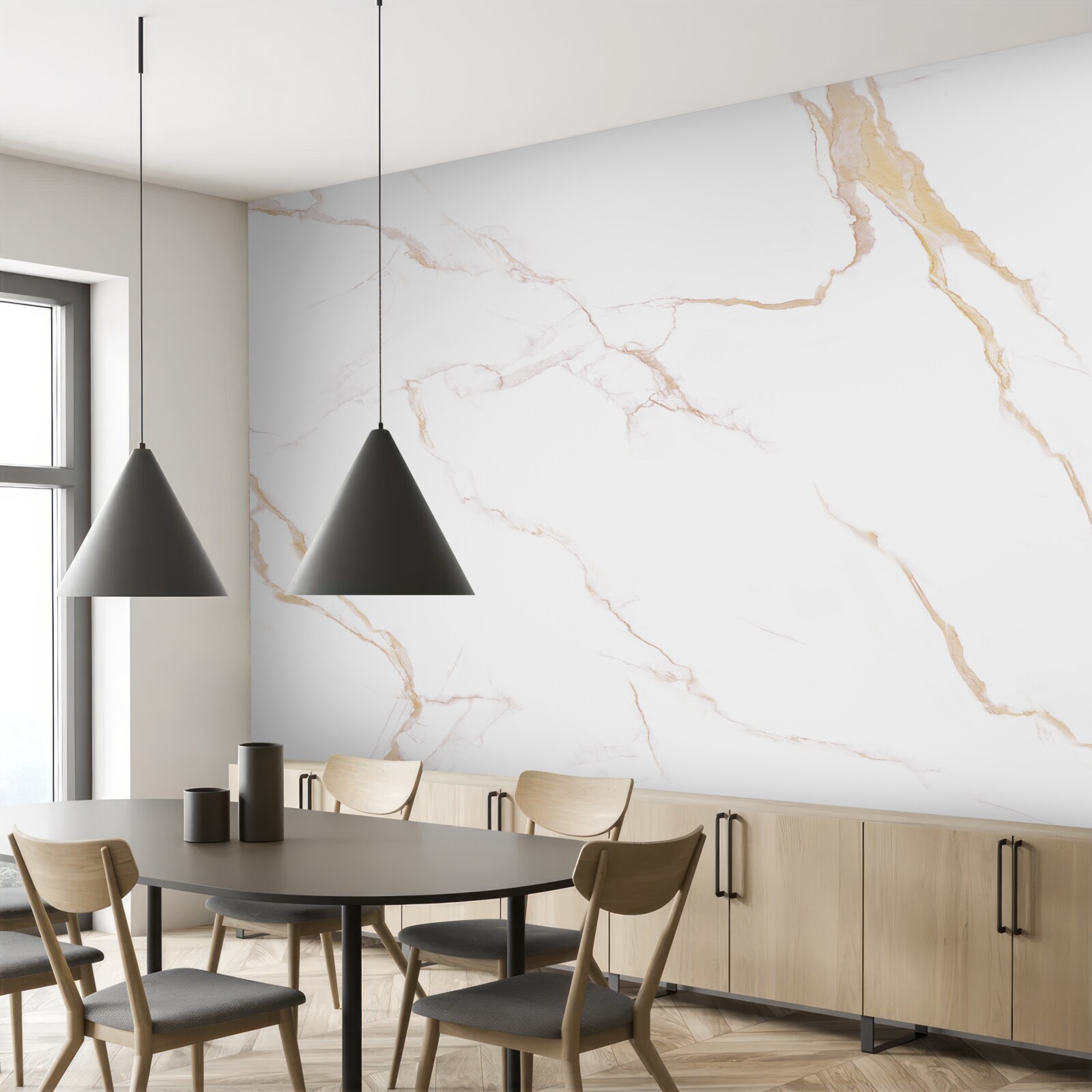 Papier peint avec du marbre dans les tons blanc et beige