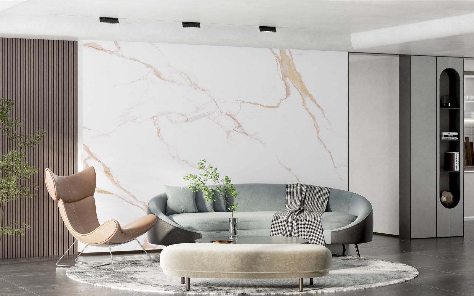 Papier peint avec du marbre dans les tons blanc et beige