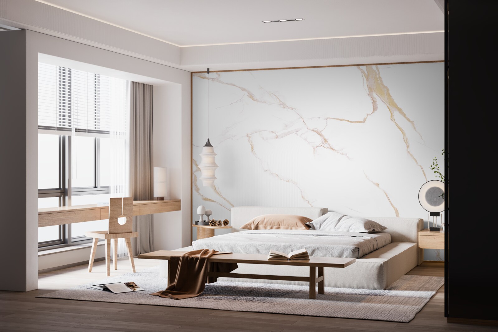 Papier peint avec du marbre dans les tons blanc et beige